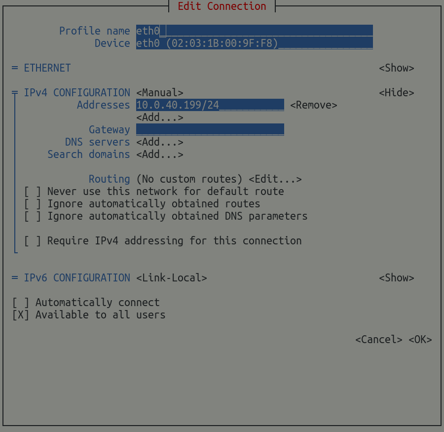 Editing a network connection in the terminal UI